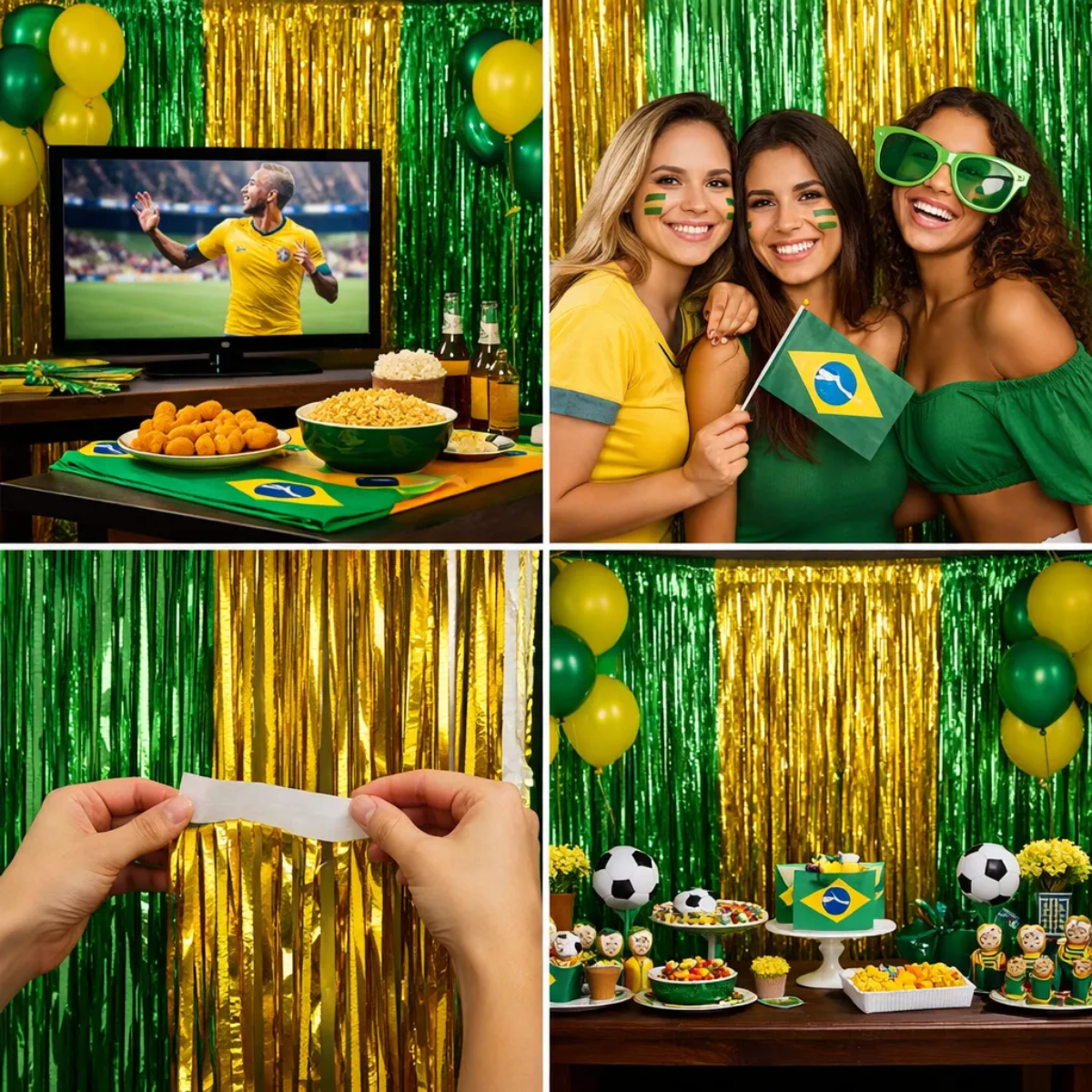 Kit Verde E Dourada - Cortina Metalizada Franja 1x2m Decoração Festa Brasil Aniversário - Imagem 2